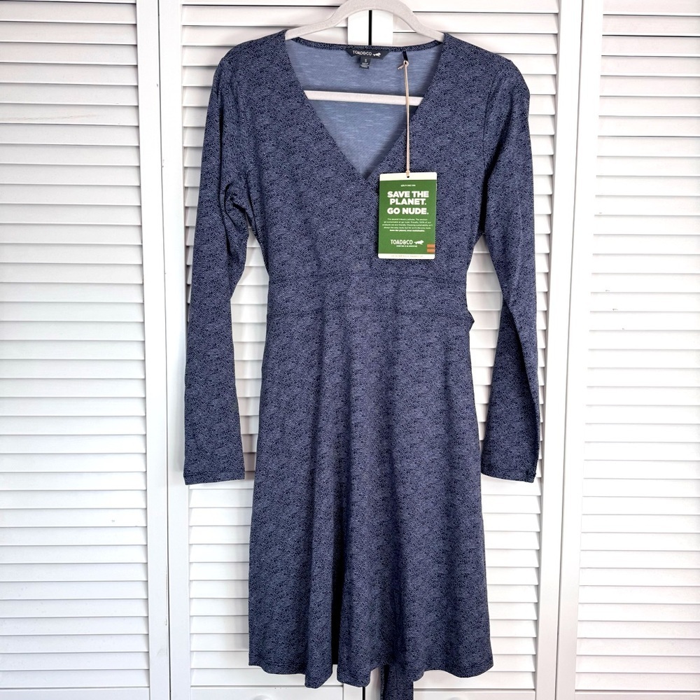 Toad & Co Cue Wrap Herringbone Print Long Sleeve Dress True Navy Size Small NEW - Picture 3 of 12